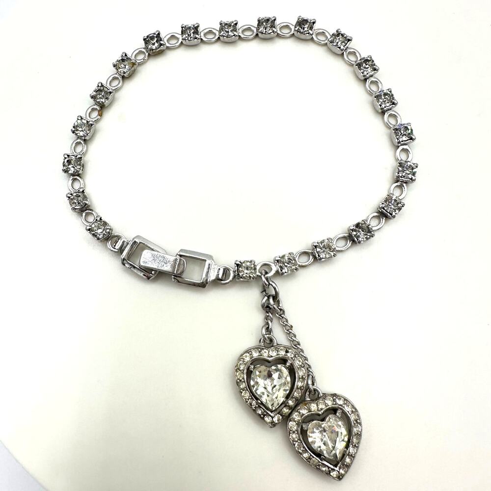 Crown Trifari silver tone rhinestones dangling hearts tennis 6.5" bracelet